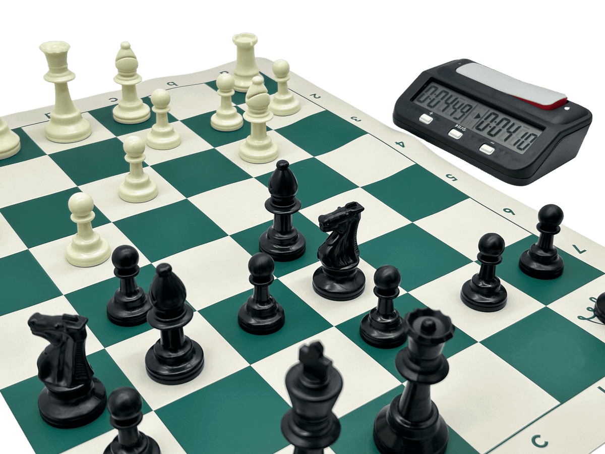 Tournament Pro Chess Set - green board game in progress with timers