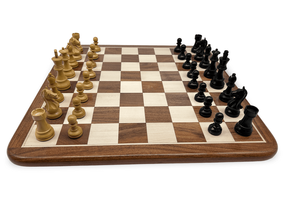 Rex Noir London Classic Double Weighted Ebony Staunton Chess Pieces with carved Knight - acacia board - side view