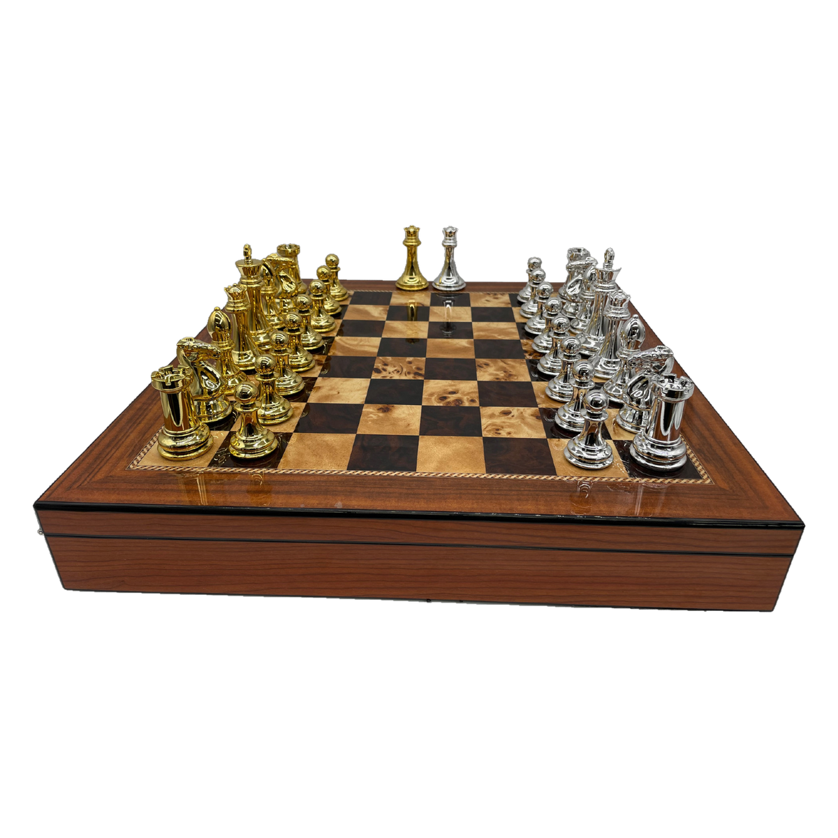 Dal Rossi 50cm Walnut Board & 105mm Gold/Silver Colour Chess Pieces side