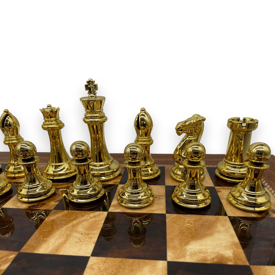 Dal Rossi 50cm Walnut Board & 105mm Gold/Silver Colour Chess Pieces gold