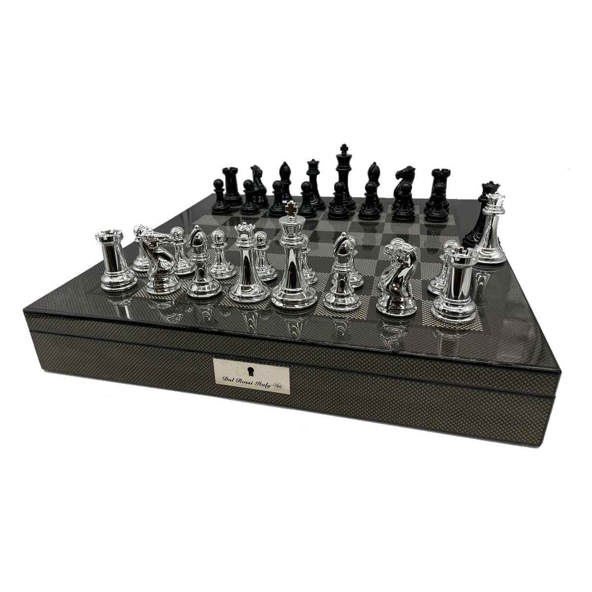 Dal Rossi Carbon Fibre Finish Chess Board & 105mm Silver/Black Pieces 
