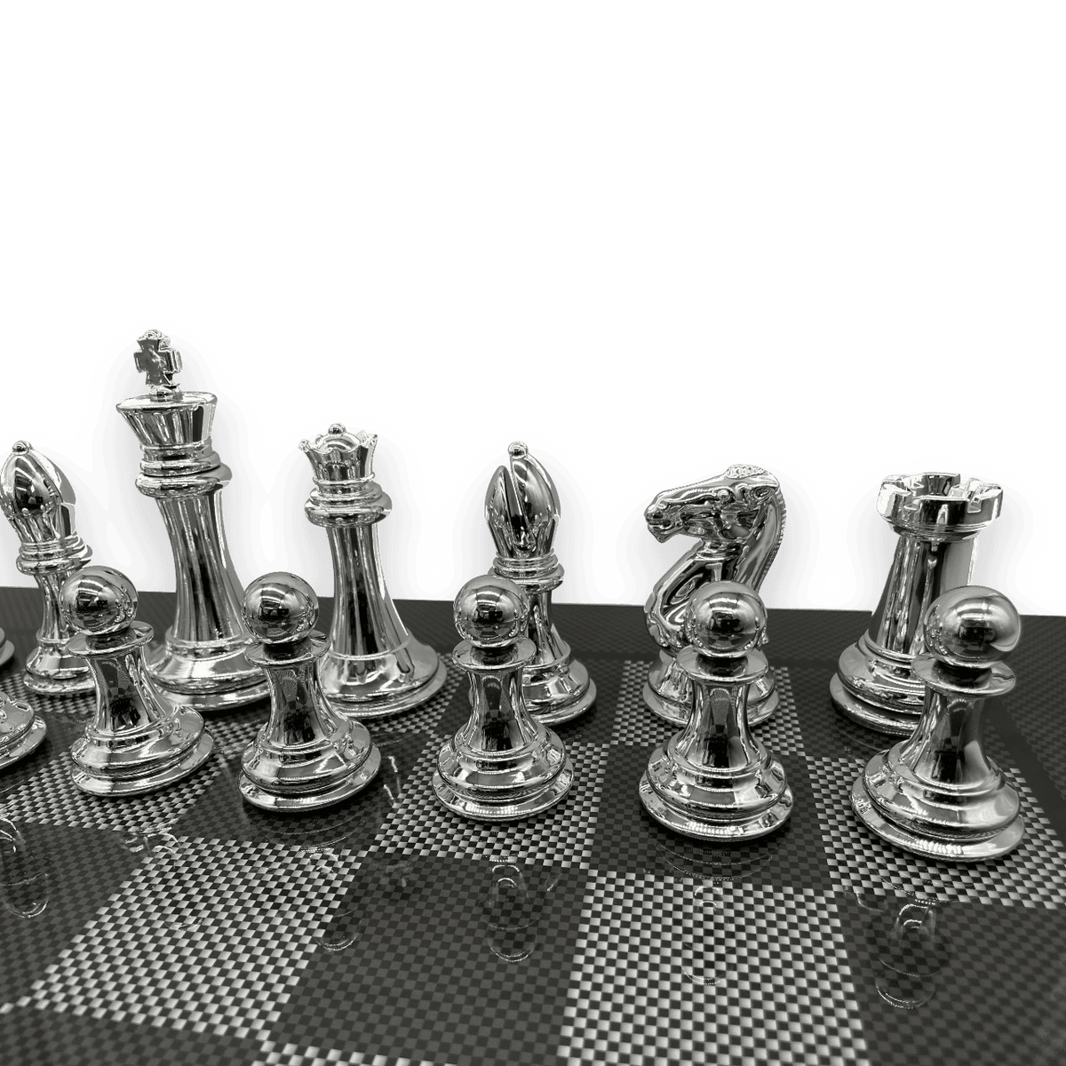 Dal Rossi Carbon Fibre Finish Chess Board & 105mm Silver/Black Pieces silver