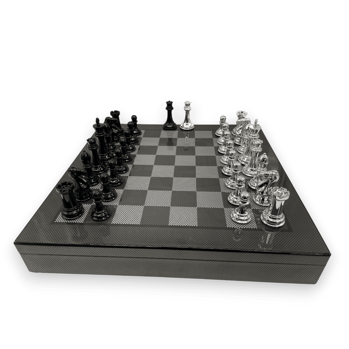 Dal Rossi Carbon Fibre Finish Chess Board & 105mm Silver/Black Pieces side