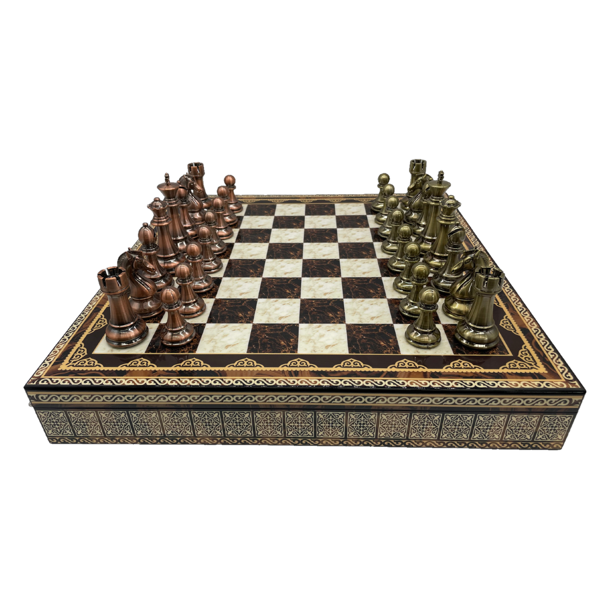 Dal Rossi Mosaic Board & 105mm Bronze/Copper Chess Pieces side