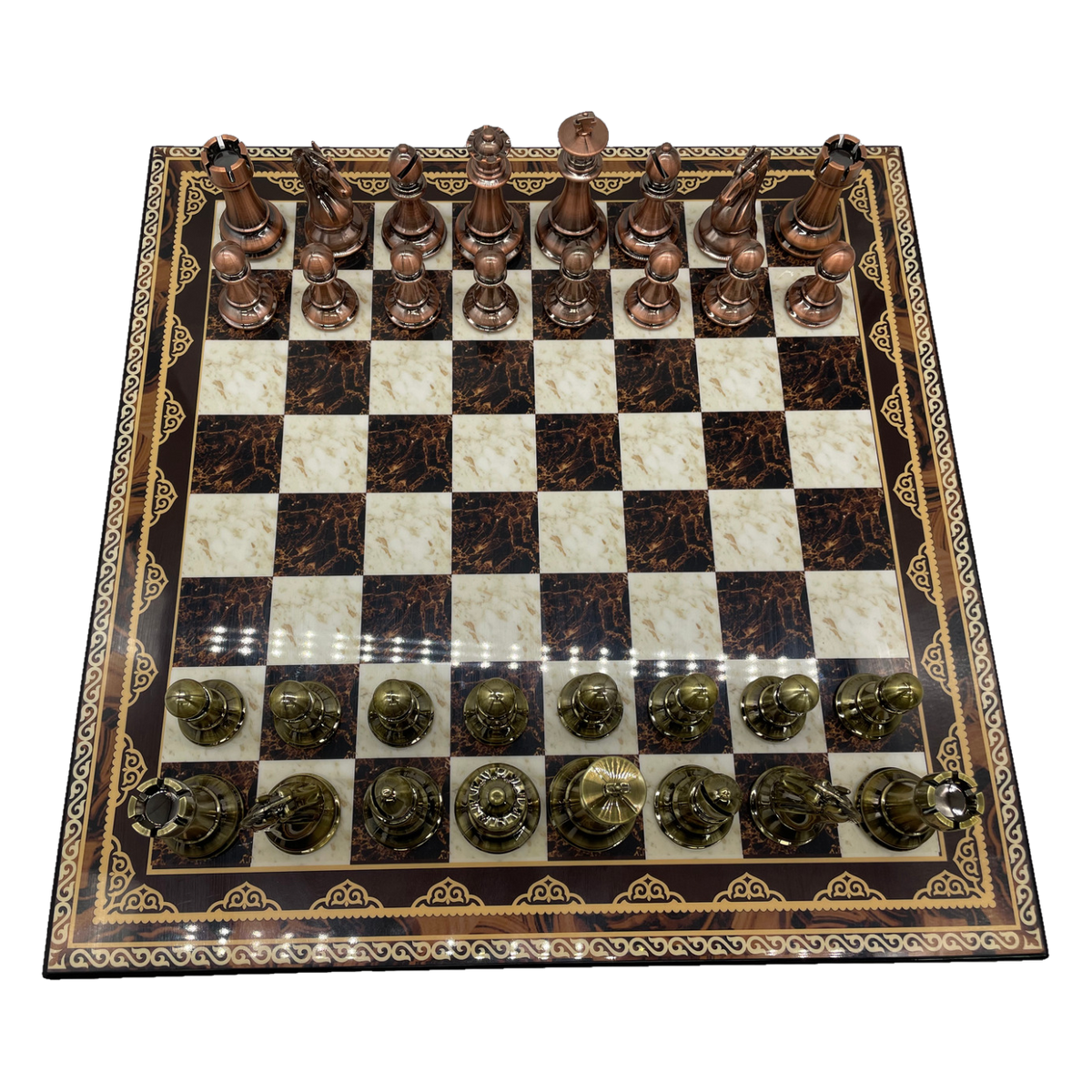 Dal Rossi Mosaic Board & 105mm Bronze/Copper Chess Pieces above