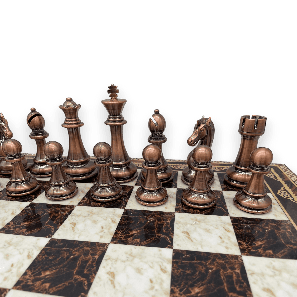 Dal Rossi Mosaic Board & 105mm Bronze/Copper Chess Pieces copper