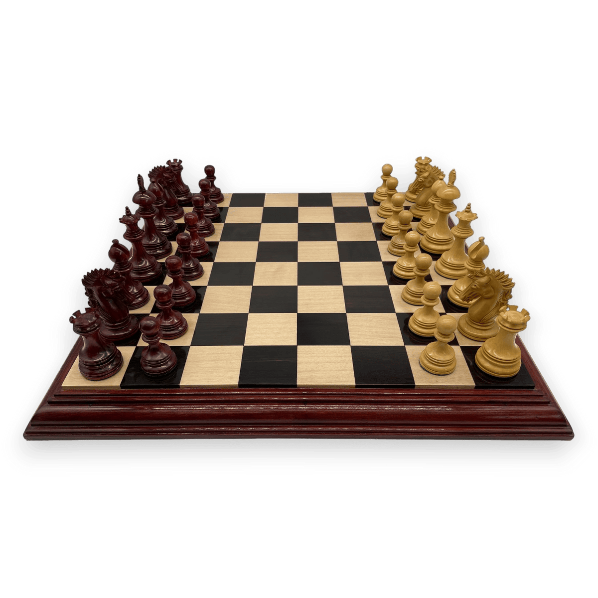 Rex Noir Premium Luxury 4.5" 114mm Padauk / Boxwood Chess Pieces on board from side