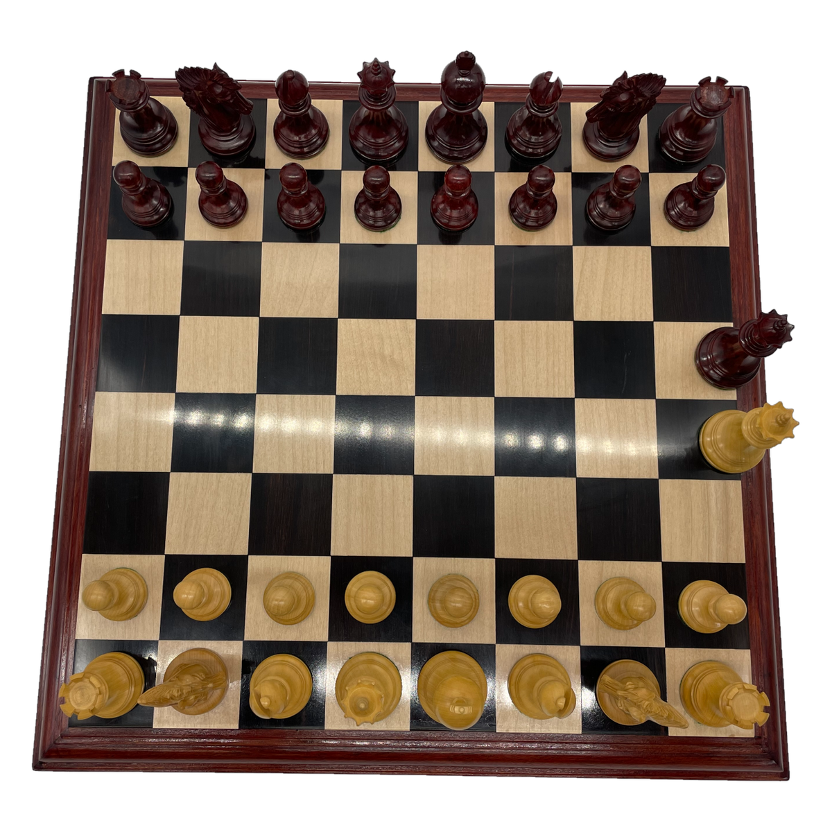 Rex Noir Premium Luxury 4.5" 114mm Padauk / Boxwood Chess Pieces from above