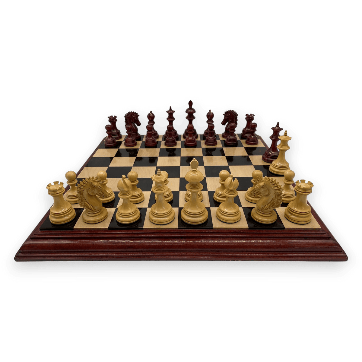 Rex Noir Premium Luxury 4.5" 114mm Padauk / Boxwood Chess Pieces on board from light side
