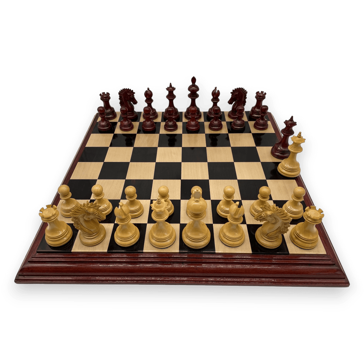 Rex Noir Premium Luxury 4.5" 114mm Padauk / Boxwood Chess Pieces on board