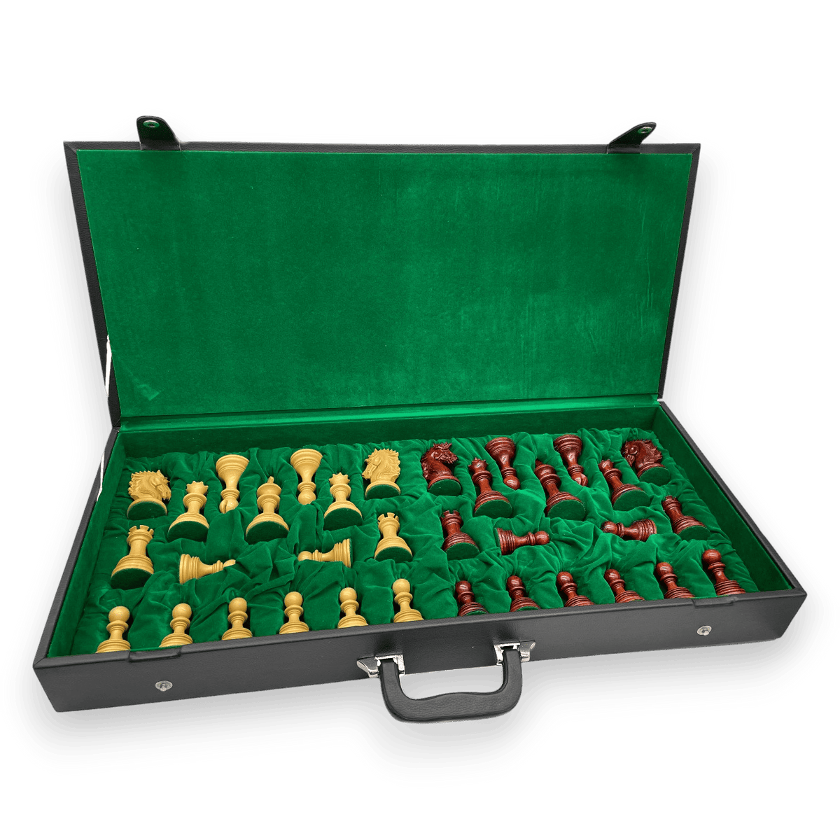 Rex Noir Premium Luxury 4.5" 114mm Padauk / Boxwood Chess Pieces in storage case