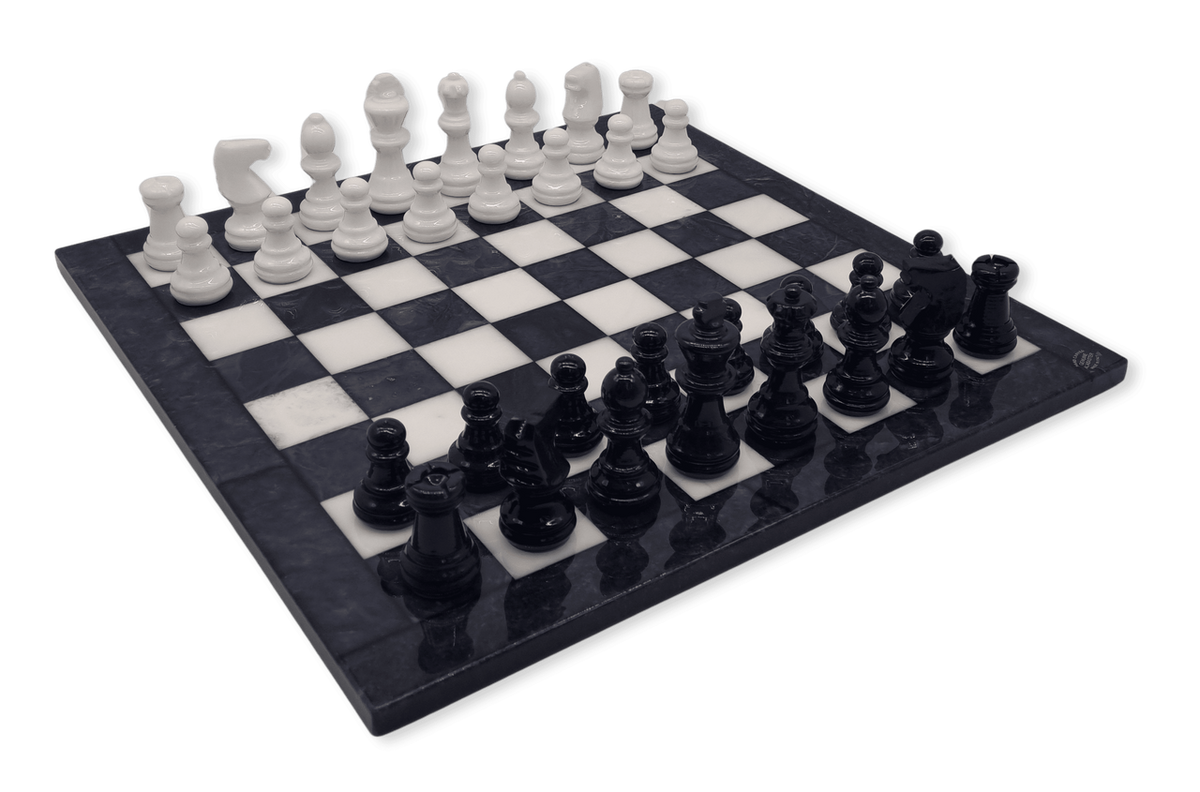 Midnight Pearl Classic Alabaster Chess Set - diagonal view