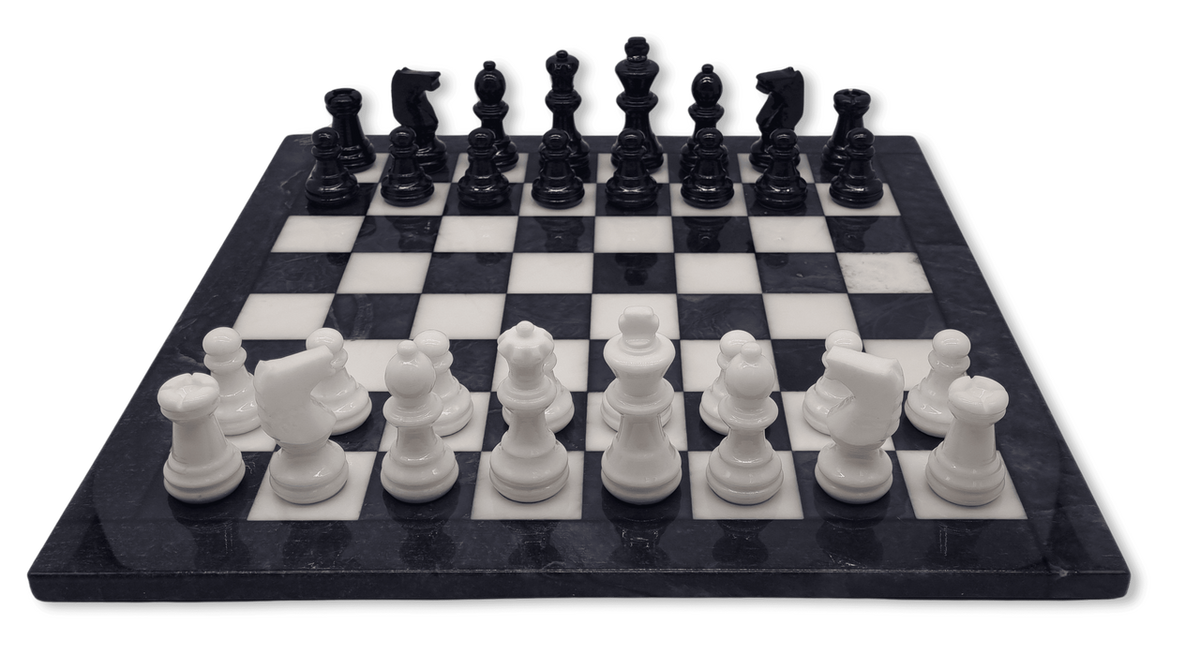 Midnight Pearl Classic Alabaster Chess Set - front view
