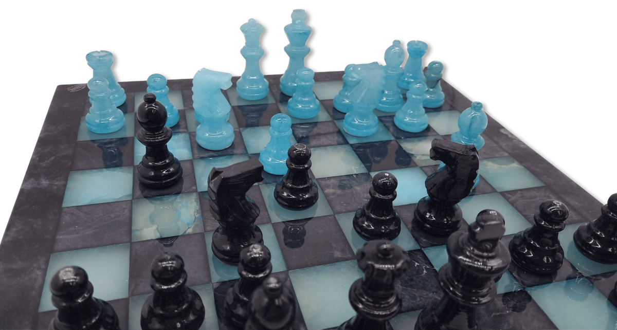Midnight Tide Classic Alabaster Chess Set - close up