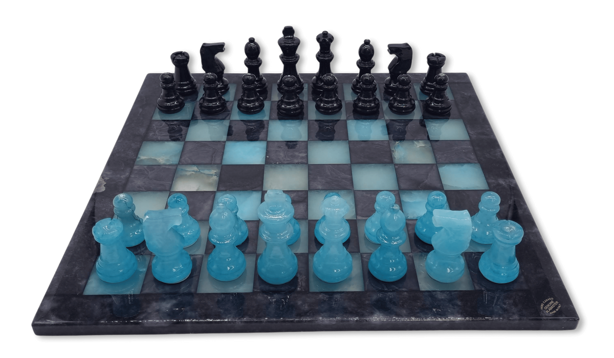 Midnight Tide Classic Alabaster Chess Set - blue and black