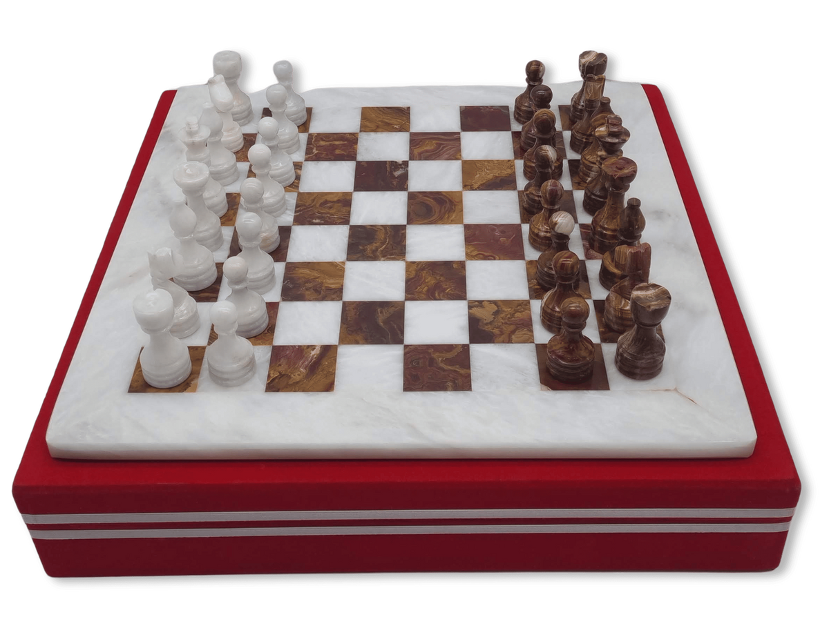 Red Onyx & White Marble Chess Set