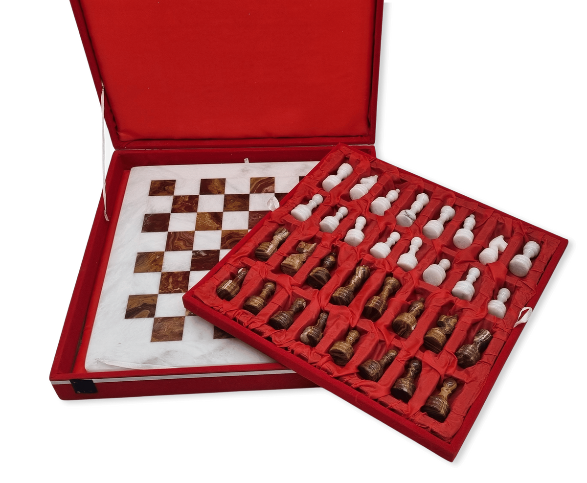 Red Onyx & White Marble Chess Set
