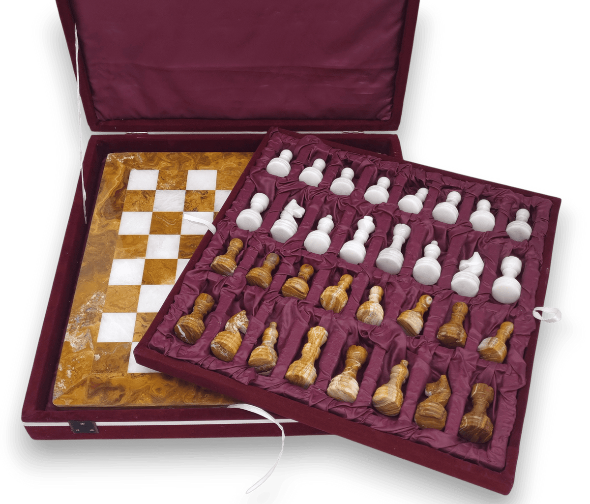 Red Onyx and White Marble Chess Set in Burgundy Case