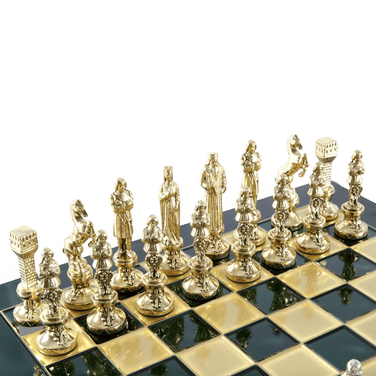 Renaissance chess pieces green metal chess board themed set - golden pieces