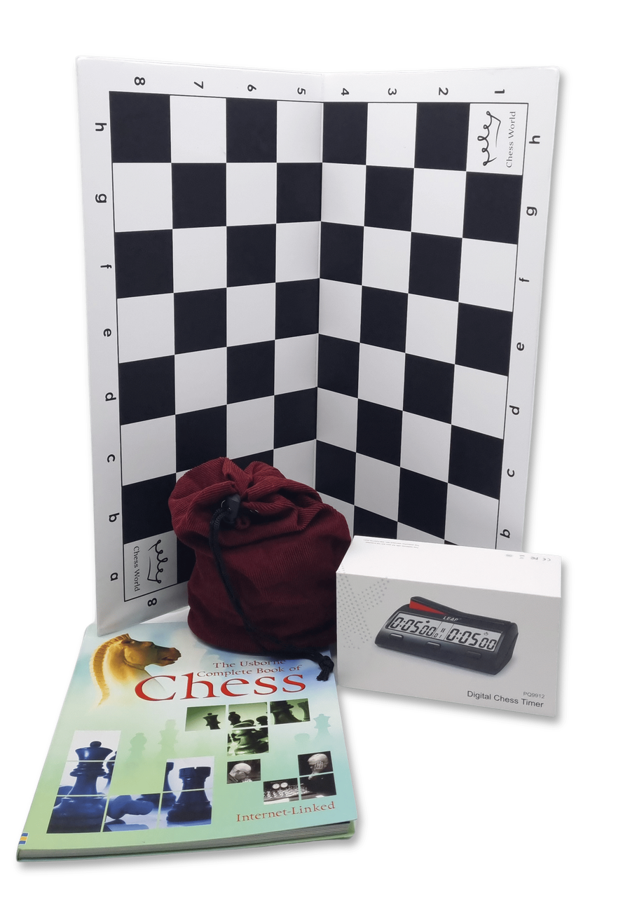 Ultimate Chess Starter Pack - Chessboard, Clock, Pieces in bag, Chess book