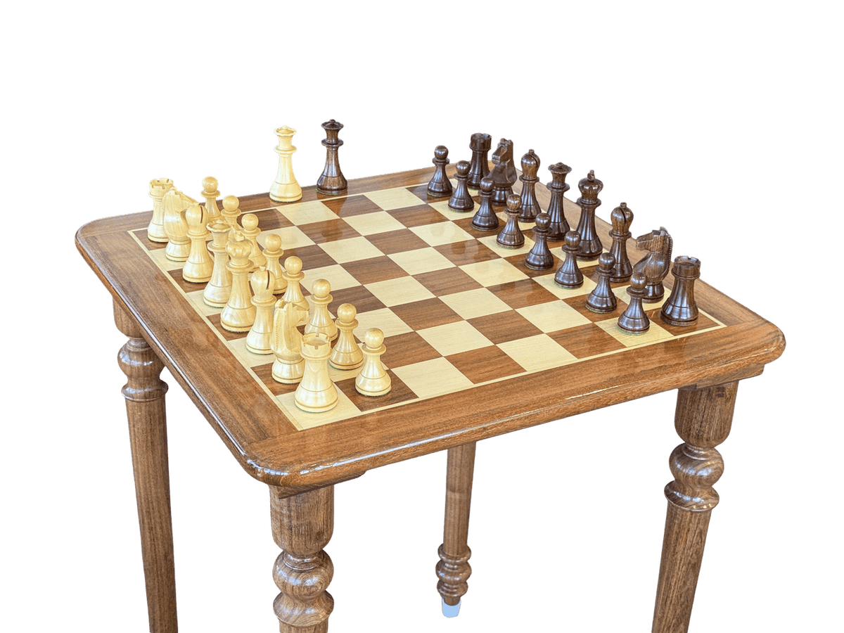 World Championship pieces on Wooden Rex Noir Chess Table