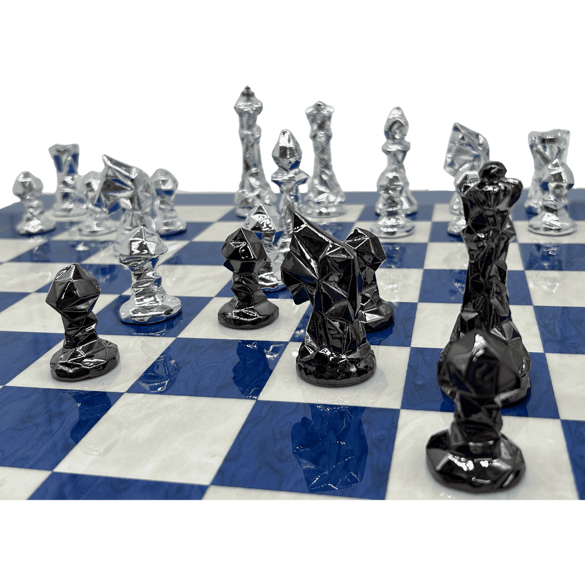 Blue Diamond Chess Set - diamond cut resin pieces in play closeup