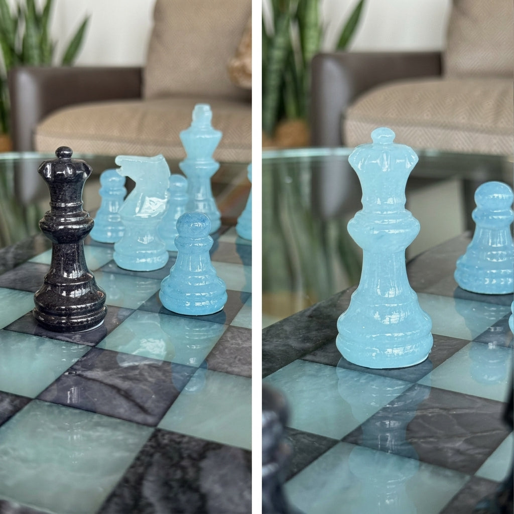 Midnight Tide Classic Alabaster Chess Set - living room - detail