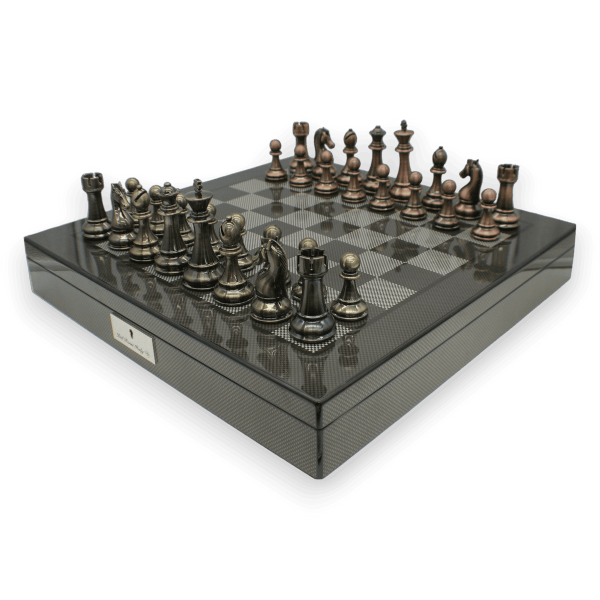 Dal Rossi Carbon Fibre Finish Chess Board & 105mm Bronze/Copper Colour Chess Pieces (L2266 & L3223) 