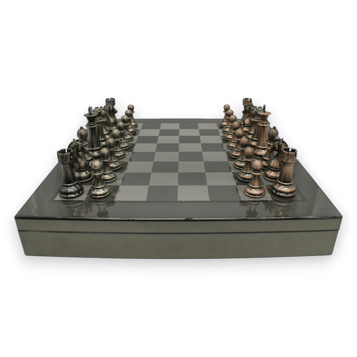Dal Rossi Carbon Fibre Finish Chess Board & 105mm Bronze/Copper Colour Chess Pieces (L2266 & L3223) side