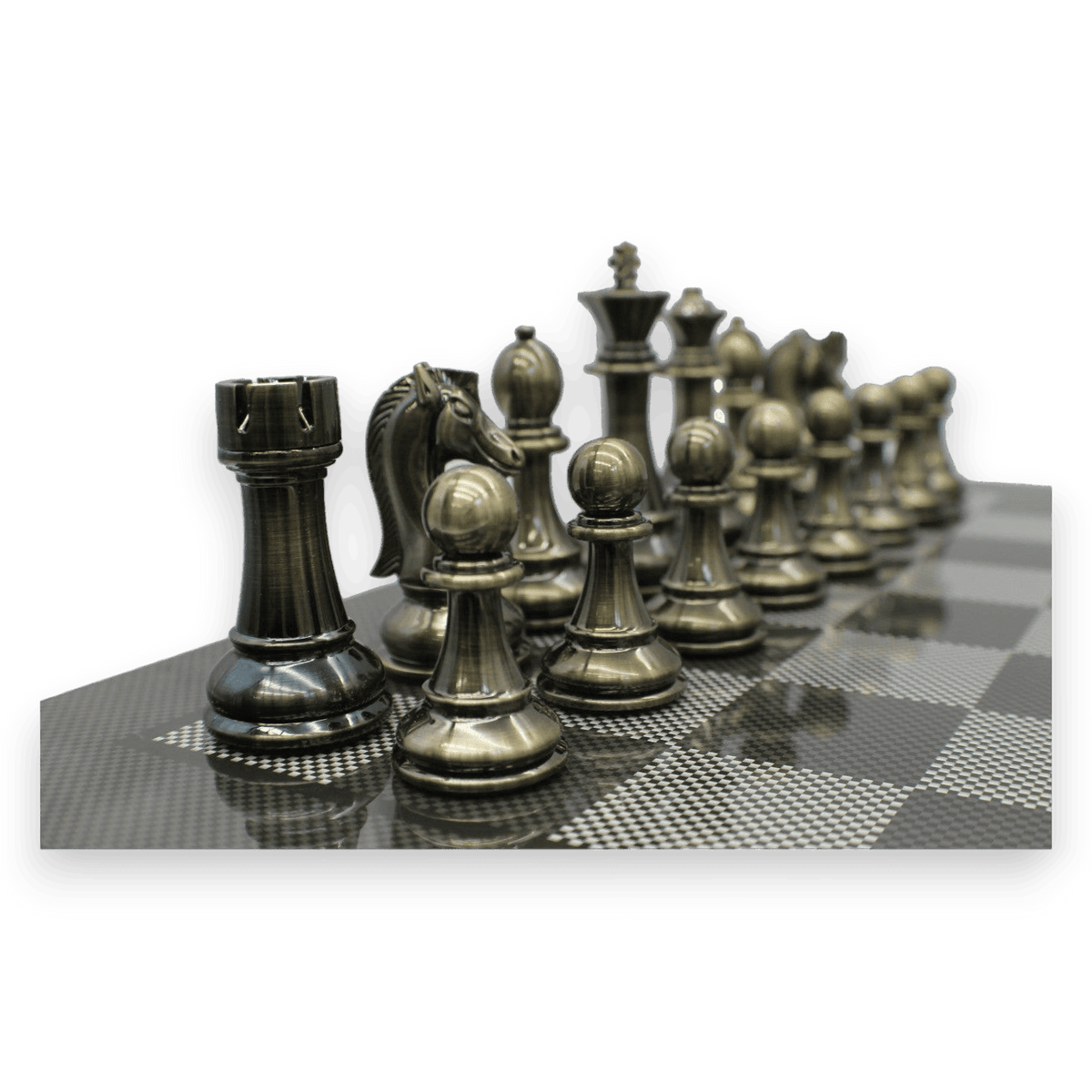 Dal Rossi Carbon Fibre Finish Chess Board & 105mm Bronze/Copper Colour Chess Pieces (L2266 & L3223) bronze