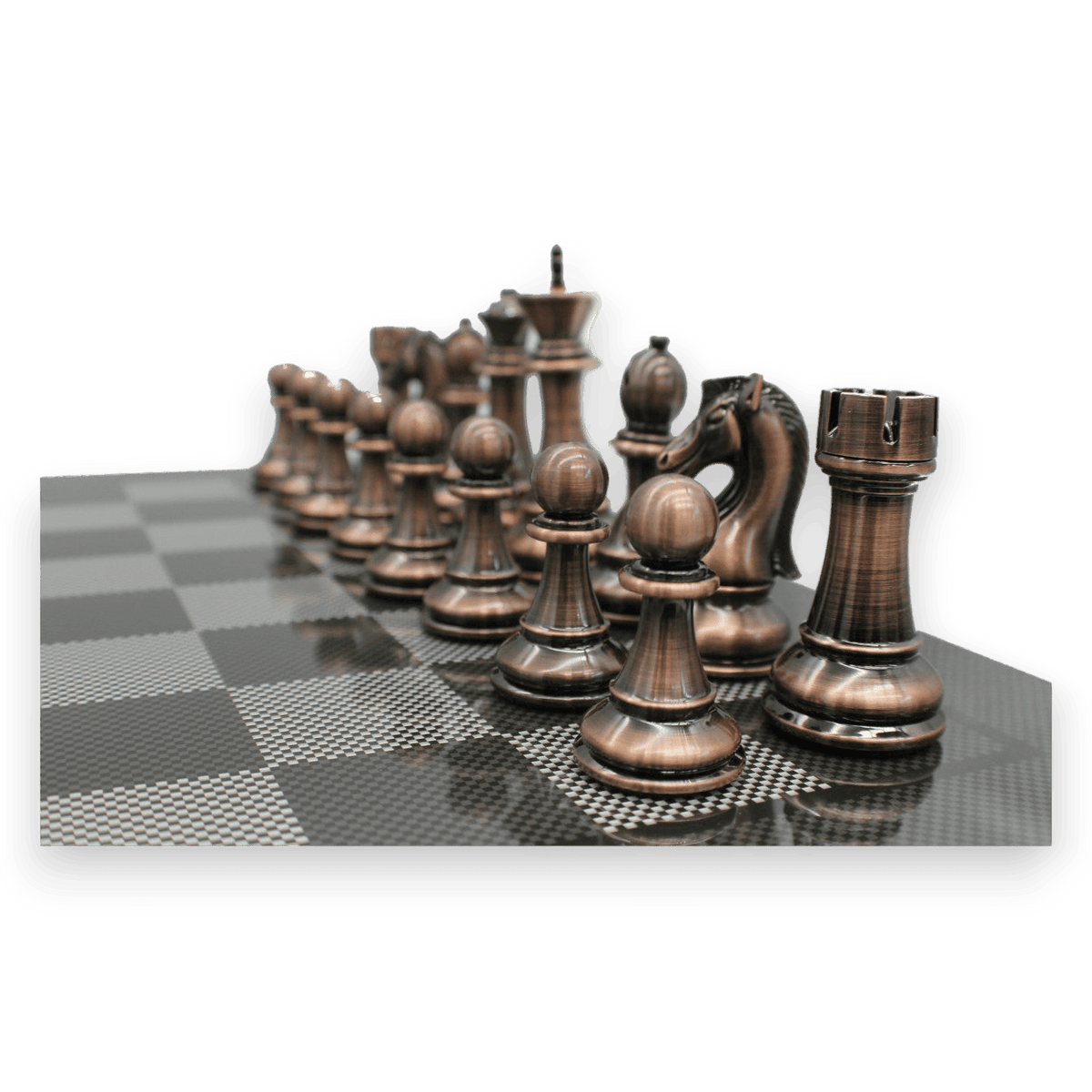 Dal Rossi Carbon Fibre Finish Chess Board & 105mm Bronze/Copper Colour Chess Pieces (L2266 & L3223) copper