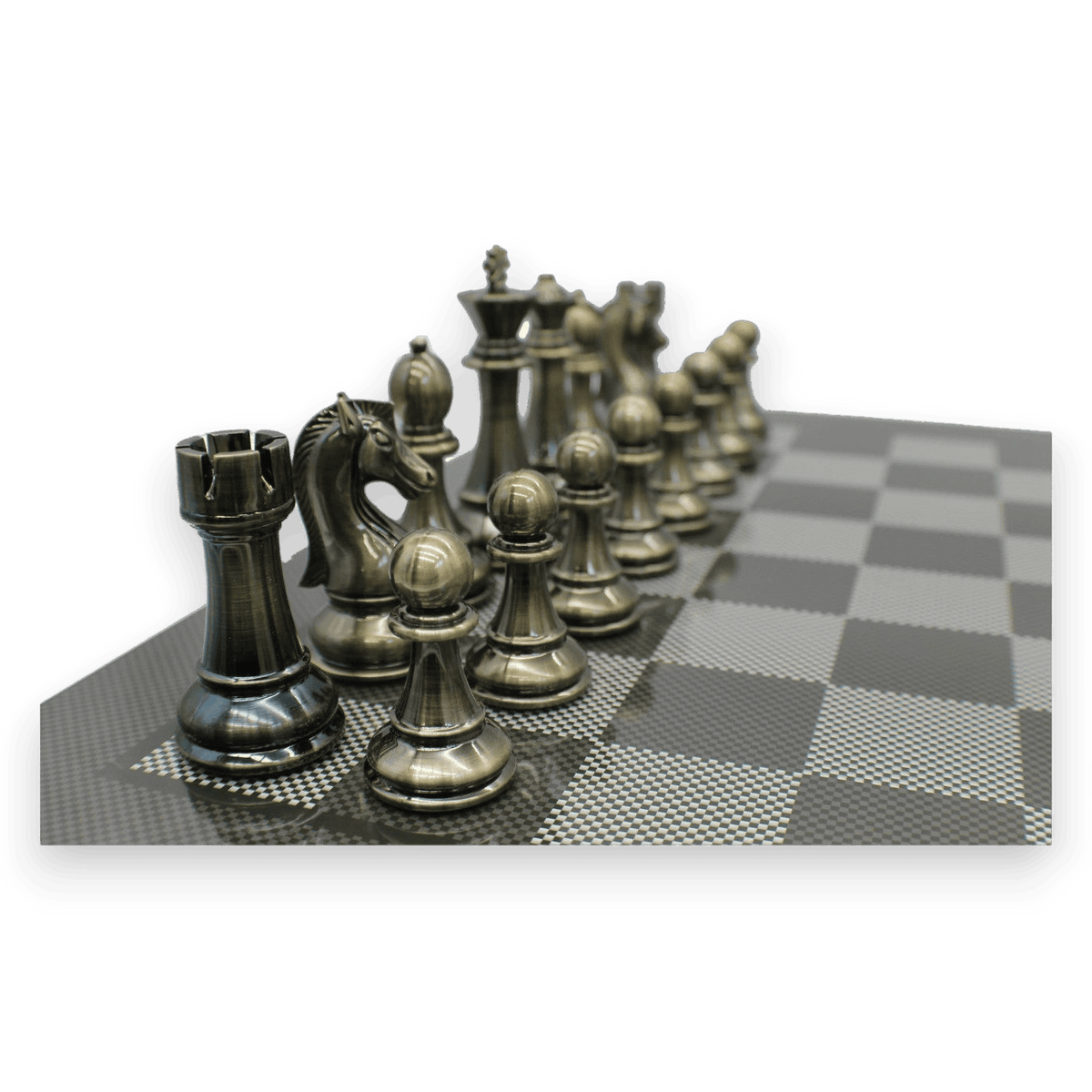 Dal Rossi Carbon Fibre Finish Chess Board & 105mm Bronze/Copper Colour Chess Pieces (L2266 & L3223) pieces