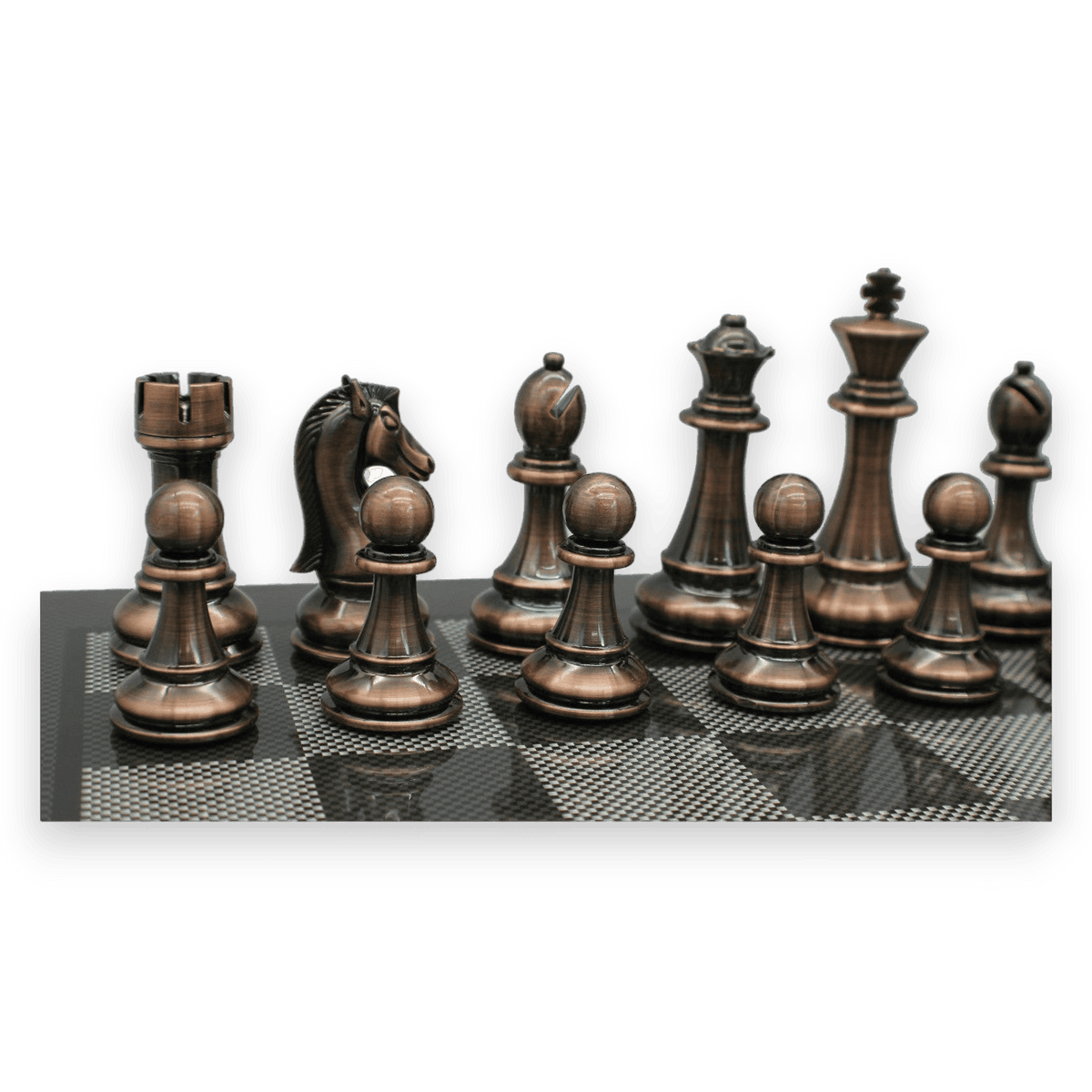 Dal Rossi Carbon Fibre Finish Chess Board & 105mm Bronze/Copper Colour Chess Pieces (L2266 & L3223) pieces 2
