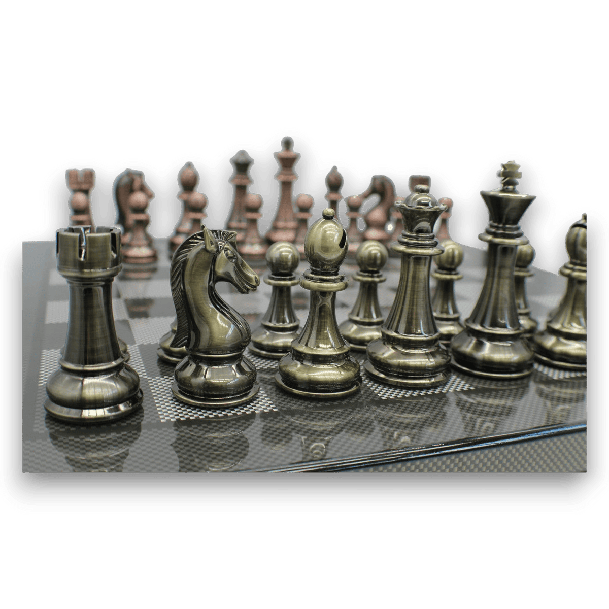 Dal Rossi Carbon Fibre Finish Chess Board & 105mm Bronze/Copper Colour Chess Pieces (L2266 & L3223) closeup