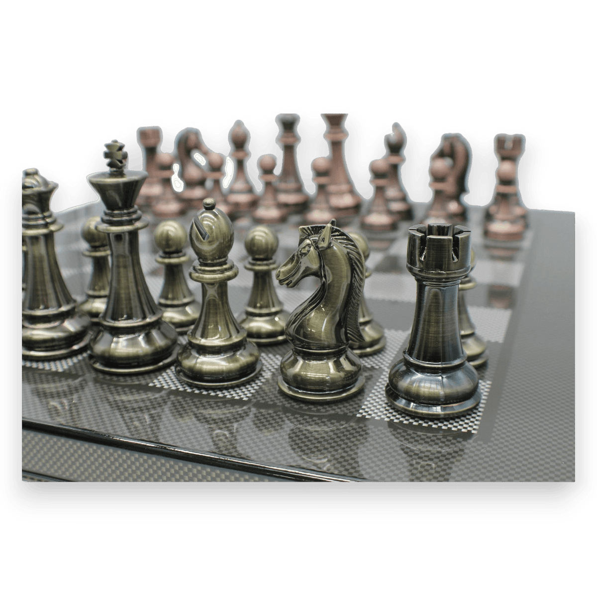 Dal Rossi Carbon Fibre Finish Chess Board & 105mm Bronze/Copper Colour Chess Pieces (L2266 & L3223) closeup2