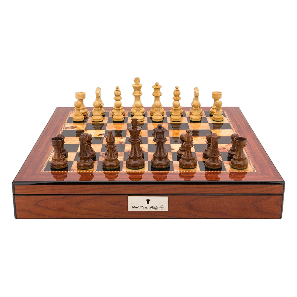Dal Rossi 50cm Walnut Finish Chess Board with 95mm Sheesham Chess Pieces (L2054DR & L3020DR) full set