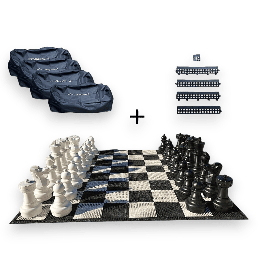 64cm Giant Chess Pieces, a durable Rubberized Vinyl Chess Board, and Safety Edge Ramps for a safe, smooth finish, to Storage Bags