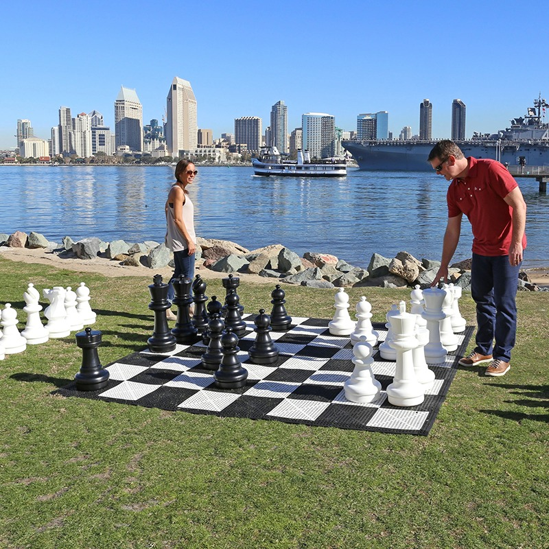 64cm Giant Chess Pieces, a durable Rubberized Vinyl Chess Board, and Safety Edge Ramps for a safe, smooth finish, to Storage Bags